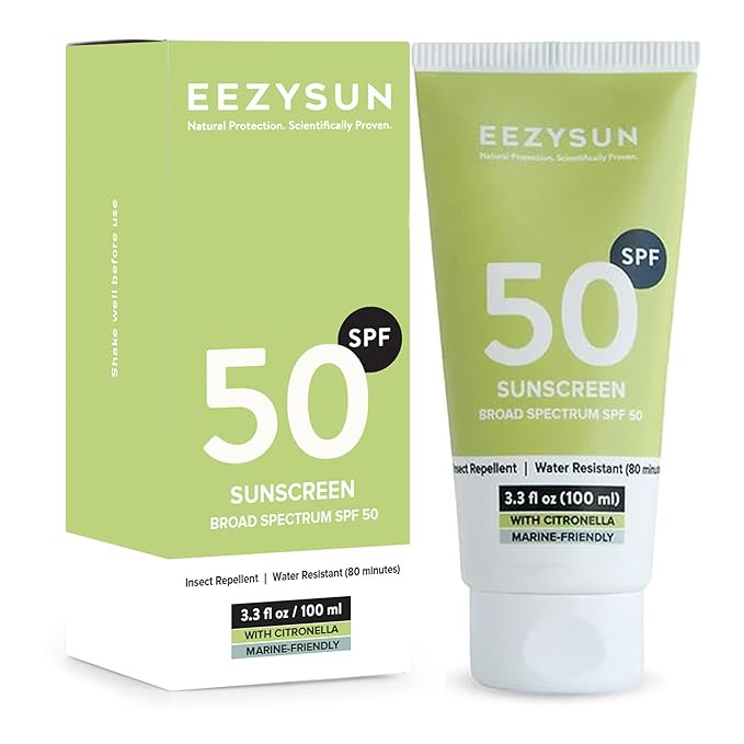 EEZYSUN Sunscreen SPF50 with Insect Repellent - Water-Resistant Sunscreen Bug Repellent Combo with Citronella Oil, Lemongrass, Neem Oil - Vacation, Beach Essentials, Face & Body Sun Care - 3.3 fl oz