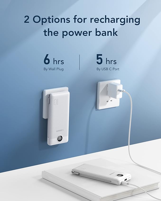 VEGER Portable Charger with Built-in AC Plug and Cables, All in One 10000mAh Ultra Slim Power Bank Travel Essentials, Fast Charging Battery Pack Compatible with iPhone, Samsung, Android, White