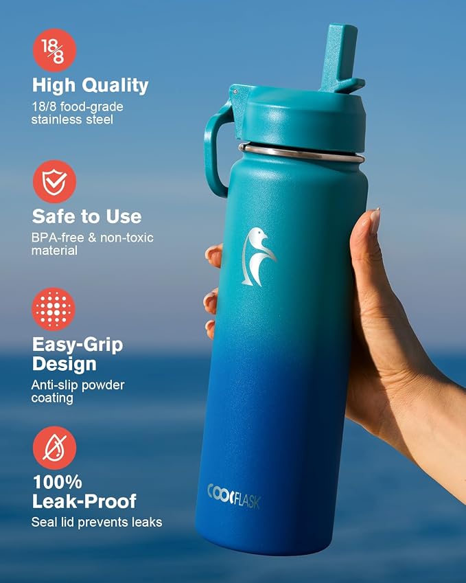 Coolflask Water Bottle 24 oz Insulated with Straw, Stainless Steel Metal 3 Lids Water Flask Wide Mouth for Sports or Office, Non-BPA Keep Cold Up to 48 Hrs or Hot Up to 24 Hrs, Indigo Blue