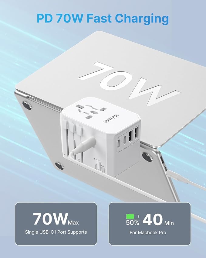 Universal Travel Adapter, VINTAR 70W GaN International Power Adapter with 5 USB Ports (3 USB-C), Worldwide Travel Plug Adaptor, All in One Travel Essentials Outlet Converter for UK/EU/USA/AUS, White