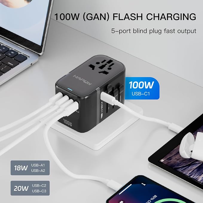 HAPOW Universal Travel Adapter, PD100W International Power Adapter,3 USB-C & 2 USB-A Fast Charging Travel Charger, All in One Worldwide Travel Plug Adapter, Outlet Adapter for EU UK USA AU, Black