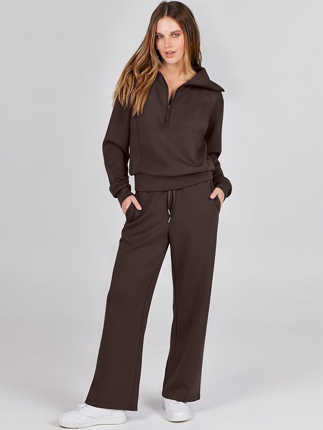ANRABESS Women’s 2 Piece Outfits Half Zip Sweatshirt & Wide Leg Pants Airport Travel Lounge Matching Sets Sweatsuits Clothing