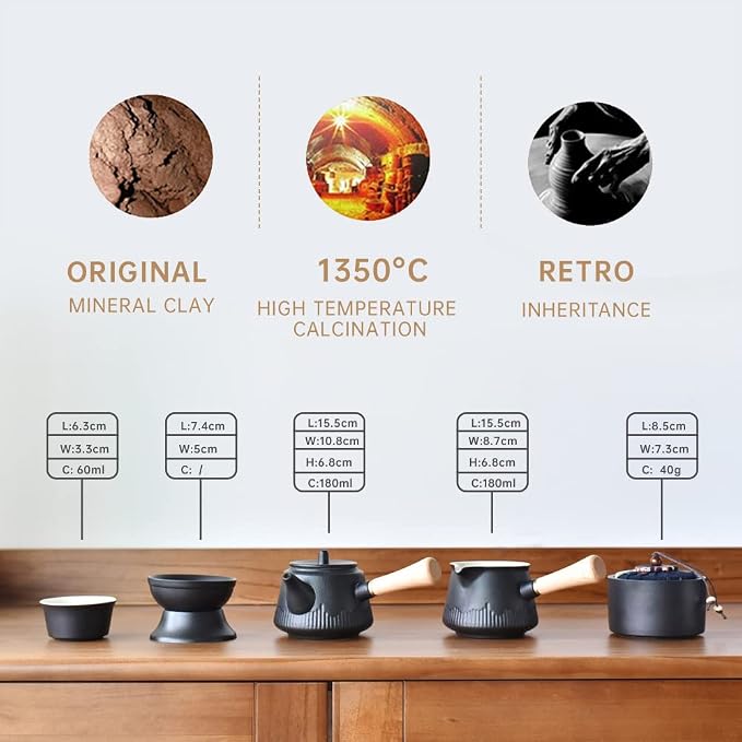 Japanese Tea Set Traditional, Chinese Gongfu Tea Set for Adults, Kung Fu Teaset for Women Side Handle Teapot (Ceba 6cups)