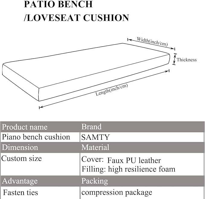 SAMTY Custom Size Waterproof Faux PU Leather Piano Bench Cushions with Ties for Kids Wooden Shoe Stool Pad