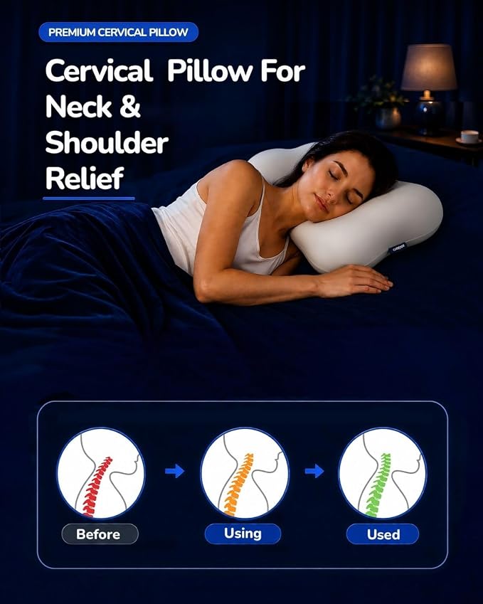 Cervical Pillow for Neck Pain Relief, Ergonomic Contour Memory Foam Pillow for Side Back Stomach Sleepers, Deep Sleep Pillow for Cloud-Soft Shoulder Support with Cooling Pillowcase, White