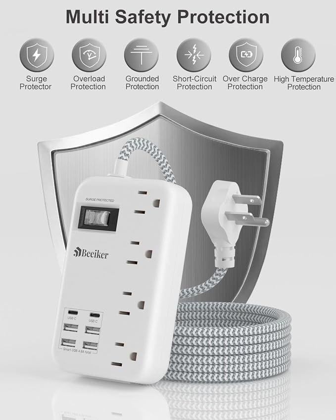 6 USB(2 USB C) Surge Protector Power Strip- 15 Ft Extension Cord with 6 USB Charging Station and 4 Outlets, Flat Plug Long Braided Extension Cord with Multiple Outlets Wall Mount for Home Office Dorm