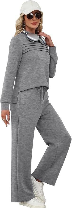WIHOLL Two Piece Sets for Women Spring Travel Vacation Outfits 2026 Long Sleeve Lounge Sets Side Slit Wide Leg Pants S-3XL