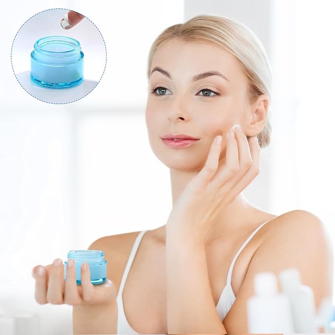 Domensi 60 Pcs 1oz Glass Jars with Lids Bulk Small Glass Salve Tins Cream Container Cosmetic Jars for Travel Balm with Inner Liners for Sample Cream (Light Blue,White Lids,Plastic Lid)