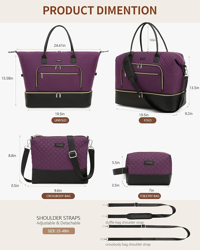 Weekender Bags for Women Travel, Under Seat Carry On Bags for Airplanes Overnight Bag with Shoe Compartment Luggage Sleeve, Foldie Travel Tote Bag Hospital Bag, Travel Gifts, Purple Black