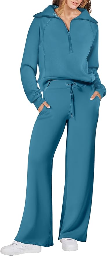 ANRABESS Women’s 2 Piece Outfits Half Zip Sweatshirt & Wide Leg Pants Airport Travel Lounge Matching Sets Sweatsuits Clothing