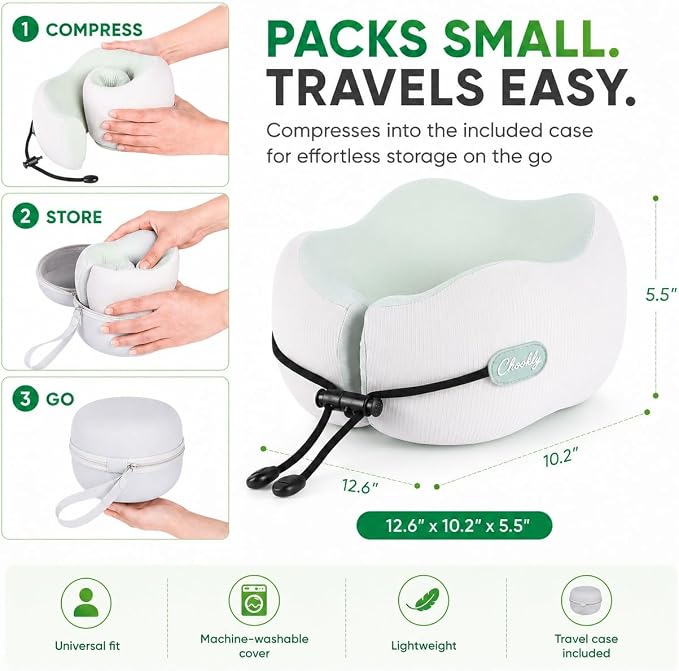 Memory Foam Travel Neck Pillow for Airplane Travel, Head and Chin Support, Adjustable Strap, Washable Cover, Carry Case