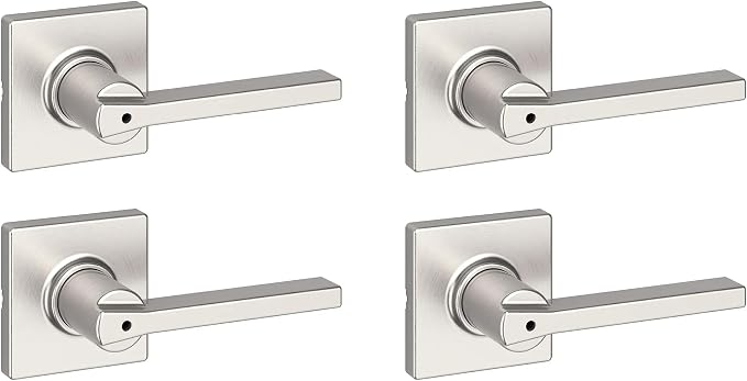 Kwikset Casey Interior Square Privacy Door Handle with Lock, Door Lever for Bathroom and Bedroom, Satin Nickel, Reversible Keyless Push Button Lock Door Lever