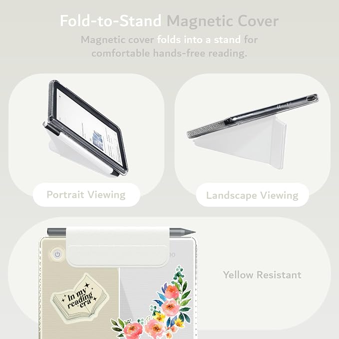 TUDIA M-FLIP Detachable Clear Magnetic Case for Kobo Libra Colour (2024) - [Auto Wake/Sleep] Shockproof Slim Transparent Back Magnetic Fold Cover with Stylus Holder (Off White)