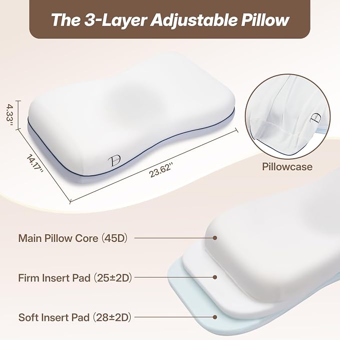 Cervical Neck Pillow for Neck Support, Adjustable Memory Foam Pillow with Customizable Height and Firmness for Side, Back, Stomach and CombSination Sleepers Programs, White 1 pcs