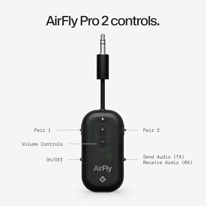 AirFly Pro 2 – Bluetooth Adapter for Airplane, Pair 2 AirPods or Wireless Headphones – 3.5mm AUX Bluetooth Transmitter for Cars, Boats, Treadmills, TVs– Airplane Travel Essentials, Black Ice