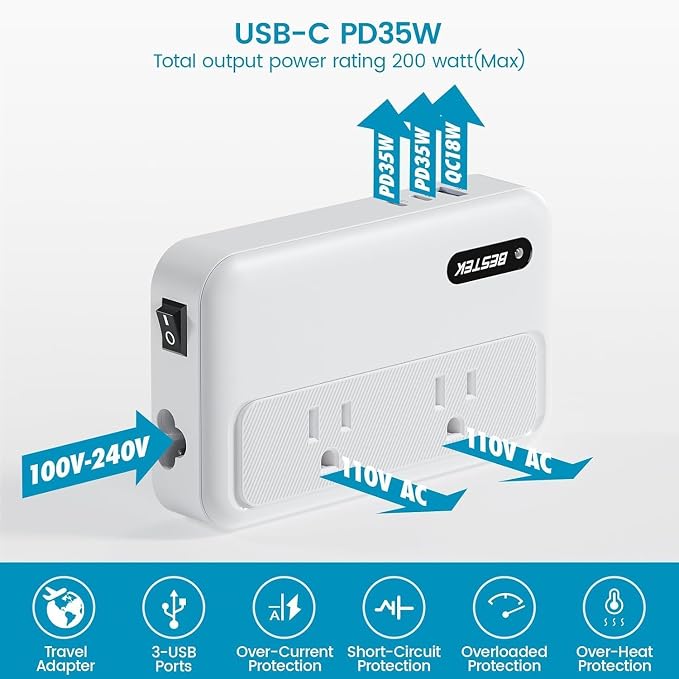 BESTEK 220v to 110v Converter with USB C 35w, 300W AC Peak Voltage Converter US to Europe, Universal Travel Adapter for Hair Straightener/Curling Iron with EU UK FR DE ES AU Travel Adapter
