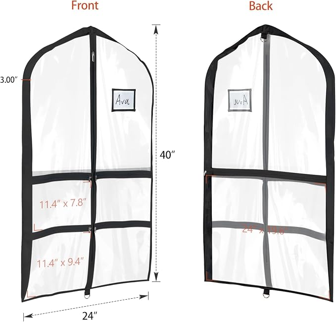 Univivi Clear Black PVC Dance Costume Bags Garment Bag 40 Inch for Dance Competitions, with 4 Medium Clear Zipper Pockets and 1 Large Back Zippered Pocket [Upgraded Version] (40'' x 24'' 6 Pack)