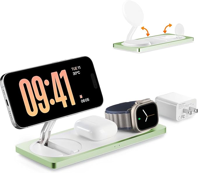 PETINO 3 in 1 Wireless Charging Station for Apple Devices with MagSafe | For iPhone 17/Air/16/15/14/13/12, AirPods & Apple Watch, Foldable Portable Aluminum Charging Stand, Adapter Included