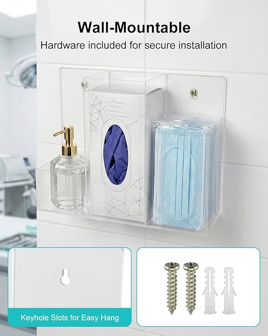 Acrylic Hygiene Station, 3 Compartment Clear Hygiene Supply Dispenser, Wall-Mountable or Countertop PPE Station for Face Masks Gloves Hand Sanitizer Tissues for Office Clinic Restaurant School