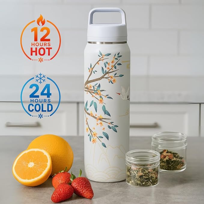 Farasi Tea Infuser Bottle for Loose Leaf Tea Insulated Stainless Steel Water Bottle Tumbler - Portable Coffee, Fruit, Loose Leaf Infuser Mug- Leakproof Blue Floral 24 oz