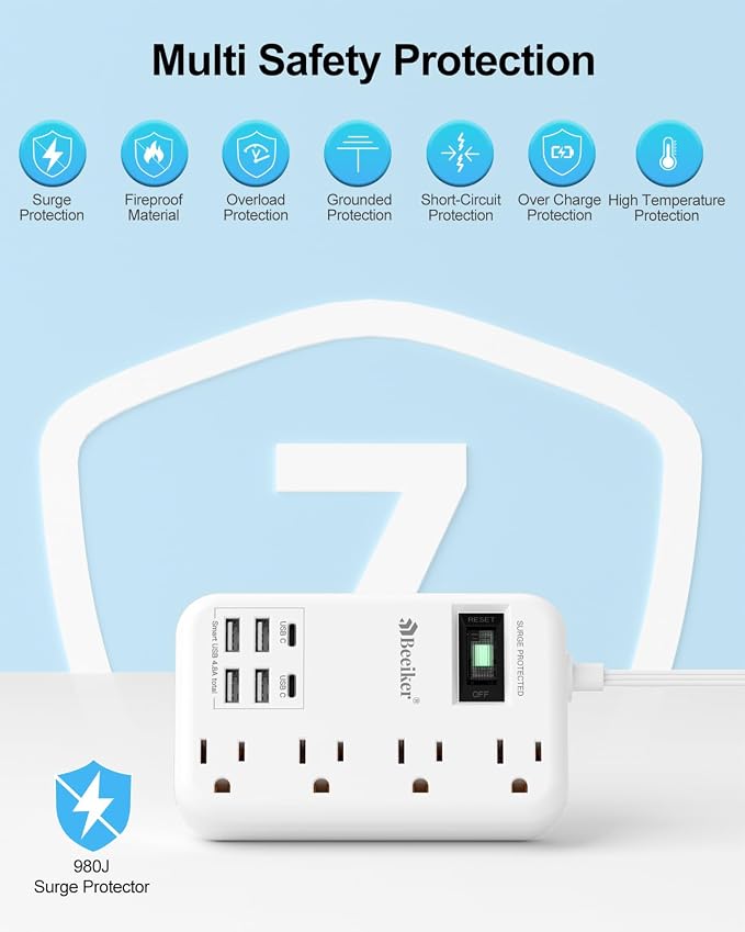 Beeiker 6 USB(2 USB C) Surge Protector Power Strip- 10 Ft Extension Cord with 24W USB Charging Station and 4 Outlets, Long Flat Extension Cord with Multiple Outlets for Travel Home Office Dorm White
