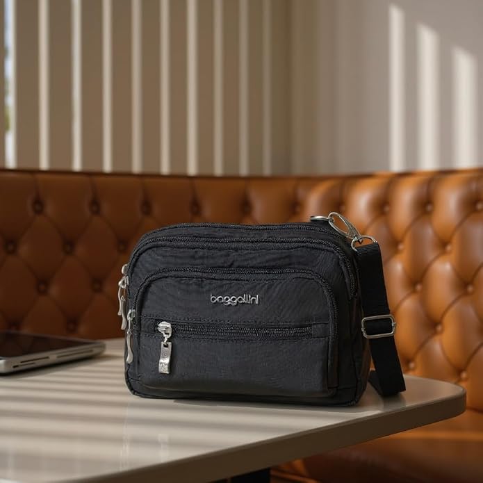 Baggallini Triple Zip Small Crossbody Bag for Women - Lightweight Convertible Fanny Pack Belt Bag