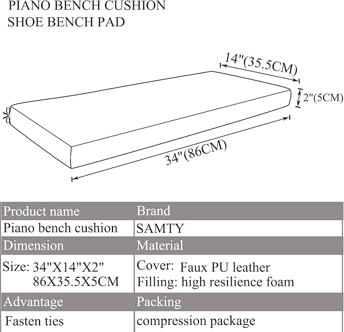 SAMTY Waterproof Faux PU Leather Piano Bench Cushions with Ties for Kids Wooden Shoe Stool Pad 34"X 14" inch, Brown