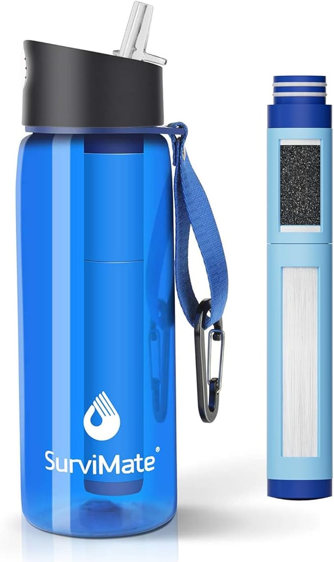 Survimate 5-Stage 0.01μm Ultra-Filtration Filtered Water Bottle, BPA-Free Material, NSF/ANSI 42 Certified, Portable Water Filter Bottle for Survival, Camping, Hiking, and Emergency Use