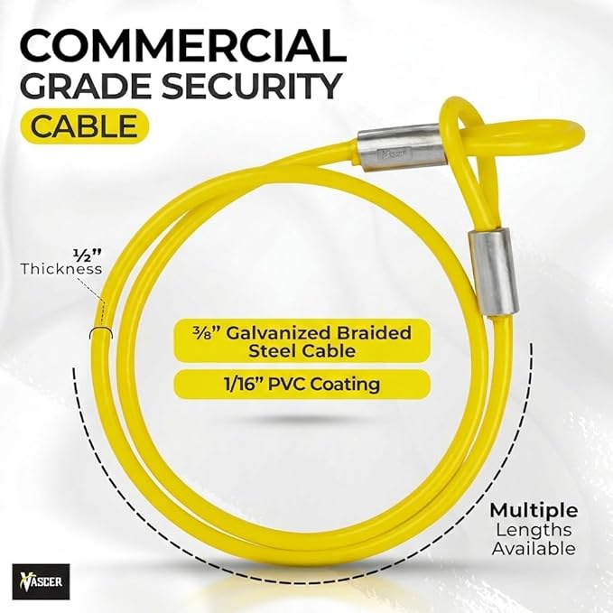 Vascer Commercial Heavy Duty Braided Galvanized Steel Theft Deterrent Security Cable with Looped Ends. (1/2 Inch Thick, 7x19 Construction, 20 Feet)
