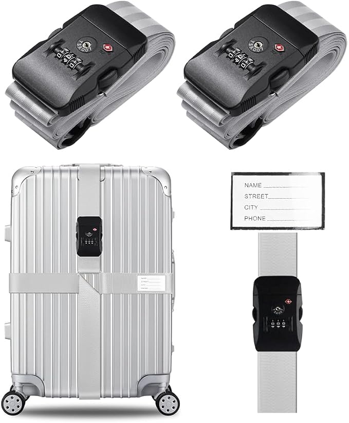Veki Cross Luggage Straps Set TSA Approved with Lock Adjustable Travel Suitcase Belts Suitcase Tags with Name ID Card Packing Straps for Suitcases Strap Travel Accessories (Silver Gray*2pcs)