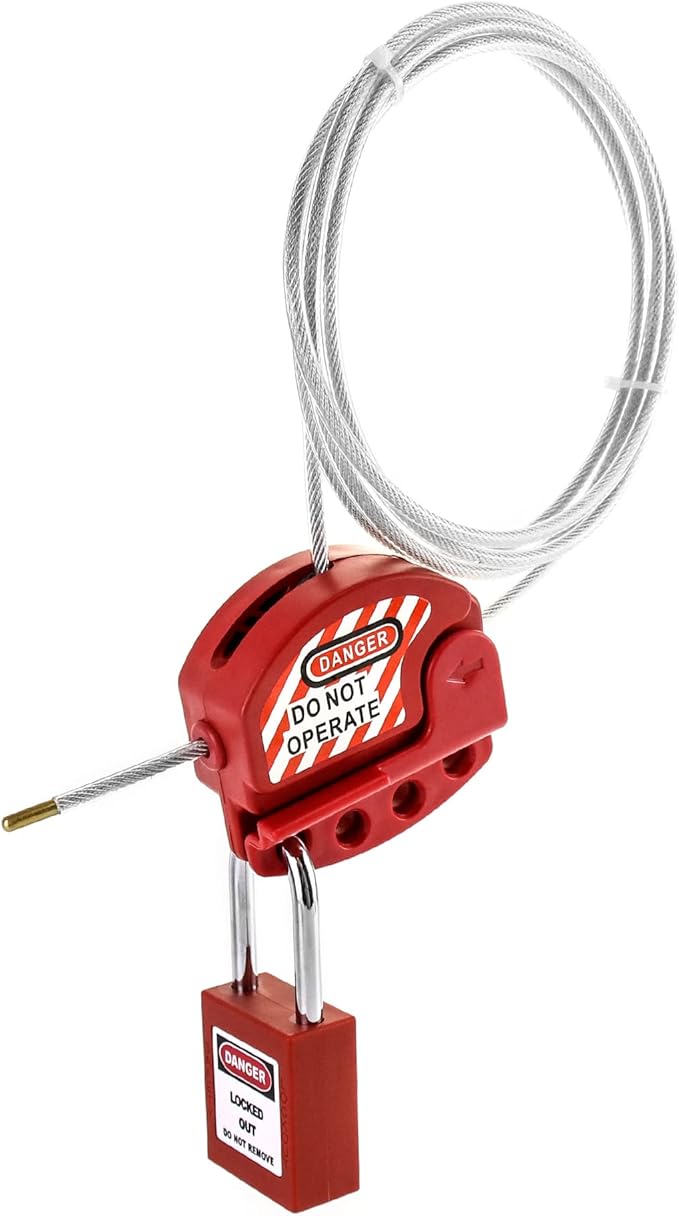 QWORK Lockout Tagout Cable Lock, 8 Pack Adjustable Steel Vinyl Coated Cable Lockout, 3/16" Diameter, 5.9' Length, Red