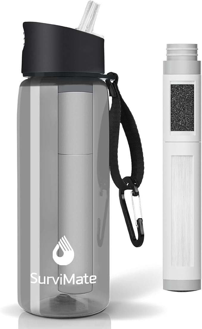 Survimate 5-Stage 0.01μm Ultra-Filtration Filtered Water Bottle, BPA-Free Material, NSF/ANSI 42 Certified, Portable Water Filter Bottle for Survival, Camping, Hiking, and Emergency Use