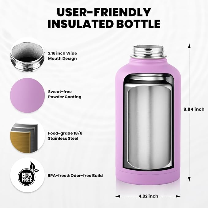 RAYMYLO Insulated Water Bottle 64 oz, Triple Wall Vacuum Stainless Steel (Cold for 48 Hrs), Leak Proof & Non-BPA, Half Gallon Water Flask Jug with Paracord Handle & Straw Spout Lids, Lilac
