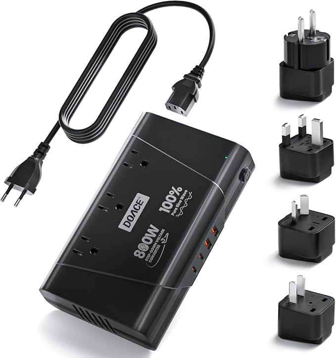 DOACE Universal Travel Adapter: 220V to 110V Pure Sine Wave, EU Step-Down Transformer for 200+ Countries, 3 Outlets & 4 USB, Compatible with Phones, Hair Straighteners (Black, 800w)