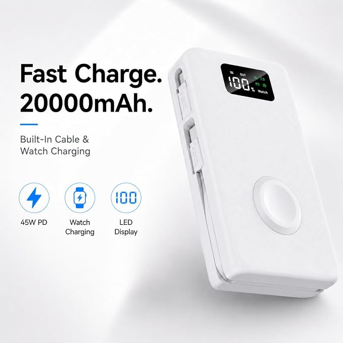 PZOZ 20000mAh Portable Charger with Apple Watch Charger, 45W PD Fast Charging Power Bank, Built-in USB-C Cable and Lightning Adapter, LED Display Portable Battery Pack for iPhone, iPad and Travel
