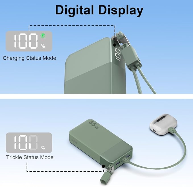 NOBIS Portable Charger 20000mAh, 45W Power Bank Fast Charging, 4-Output Battery Pack w/Detachable Dual Type-C Lanyard Cable & Hook, Battery Bank w/Digital Display for Phone, Laptop, Steam Deck