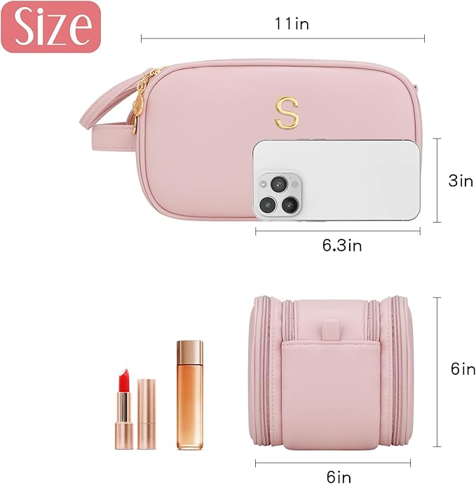 Gifts for Women Teen Girls Large Capacity Initial Travel Makeup Bag, 3-Compartment Cosmetic Organizer with Clear Brush Holders, Large Opening Waterproof Toiletry Bag, Pink,S