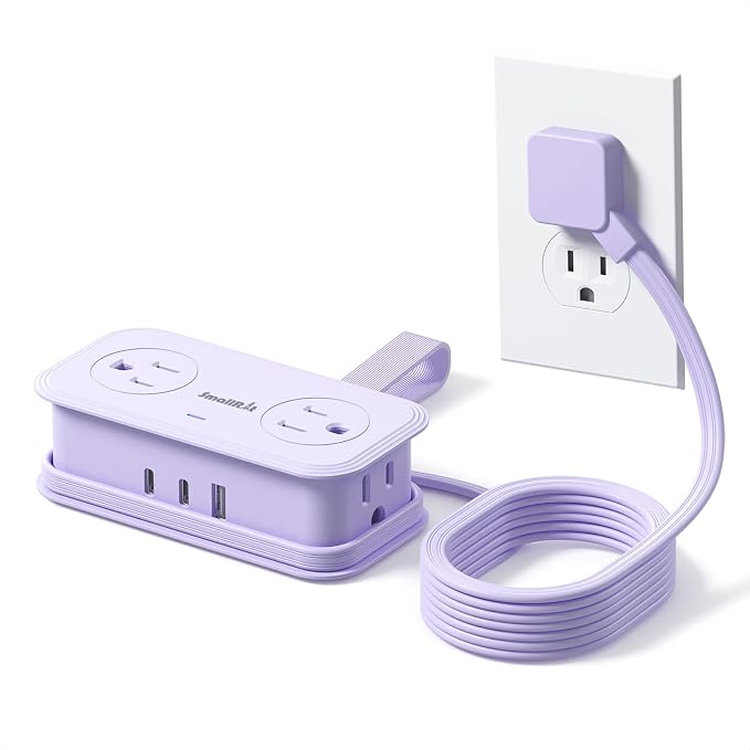 Travel Power Strip, SMALLRT Extension Cord with Multiple Outlets, 6.5FT Wrapped Extension Flat Plug Power Strip with 4 AC Outlets for Travel, Hotel, Cruise Approved, No Surge Protection, Purple