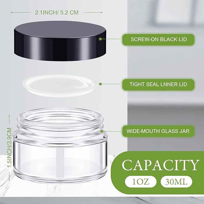 Domensi 100 Pcs 1oz Glass Jars with Lids Bulk Small Glass Salve Tins Cream Container Cosmetic Jars for Travel Balm with Inner Liners for Sample Cream (Clear,Black Lid,Plastic Lid)