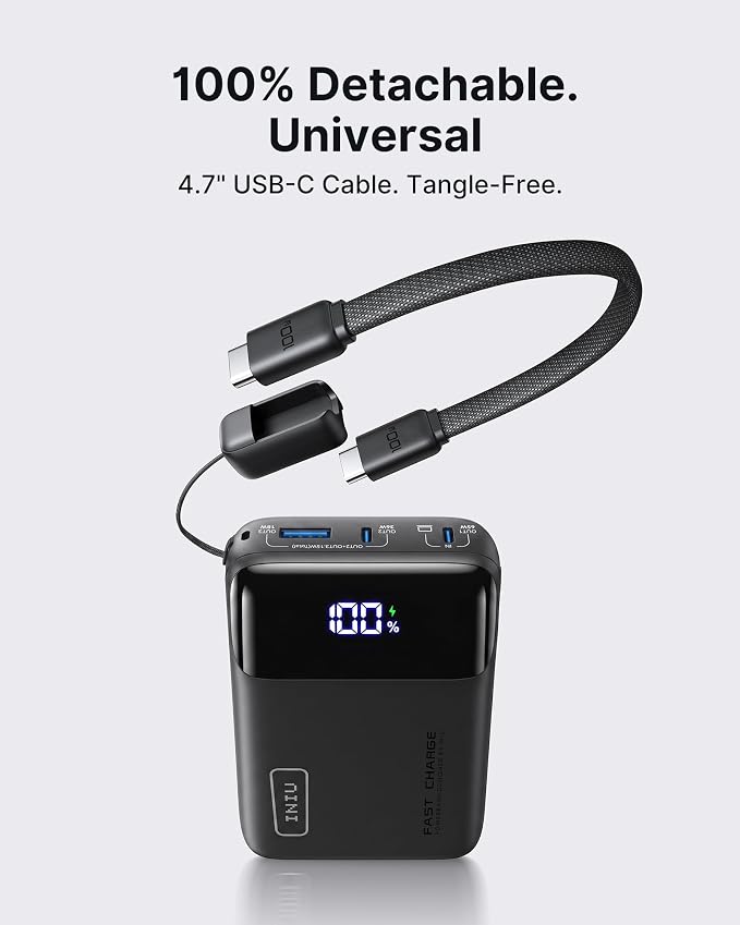 INIU 20000mAh Laptop Power Bank, Ultra Compact 65W PD Dual Fast Charging Portable Charger, Flight-Safe Battery Pack with USB C Cable for Travel, Families, Outdoor, Hiking, Metallic Black