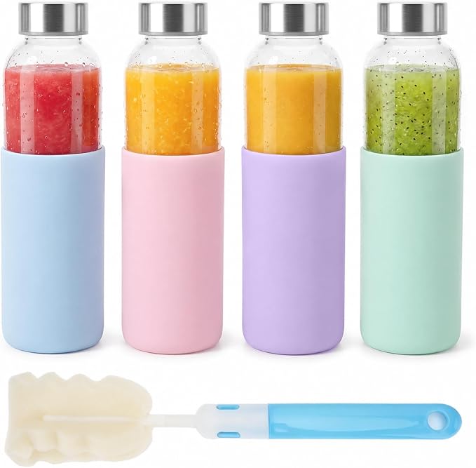 Luxfuel 18 oz Glass Juice Bottles with Lids & Silicone Sleeves, 4 Pack Reusable Glass Water Bottles with Stainless Steel Cap for Juicing, Smoothies & Refrigerator, Leak-Proof,BPA-Free Juice Containers