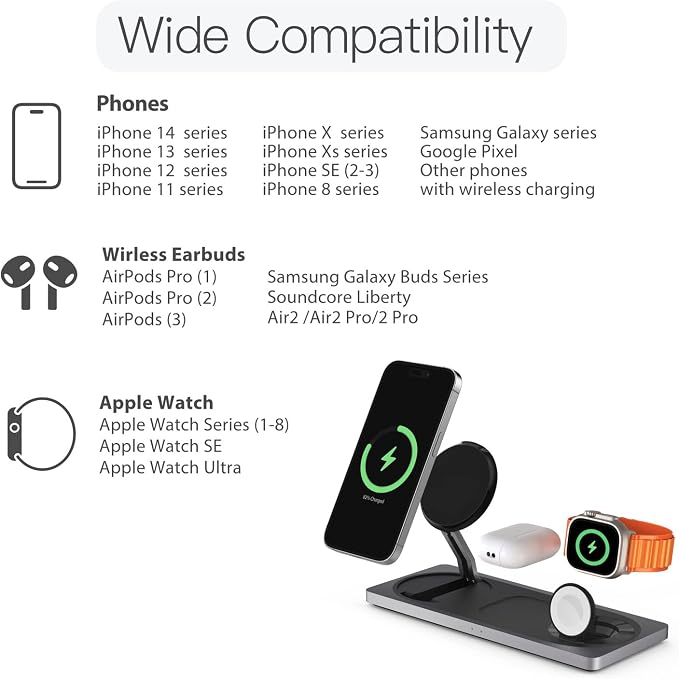 PETINO 3 in 1 Wireless Charging Station for Apple Devices with MagSafe | For iPhone 17/Air/16/15/14/13/12, AirPods & Apple Watch, Foldable Portable Aluminum Charging Stand, Adapter Included