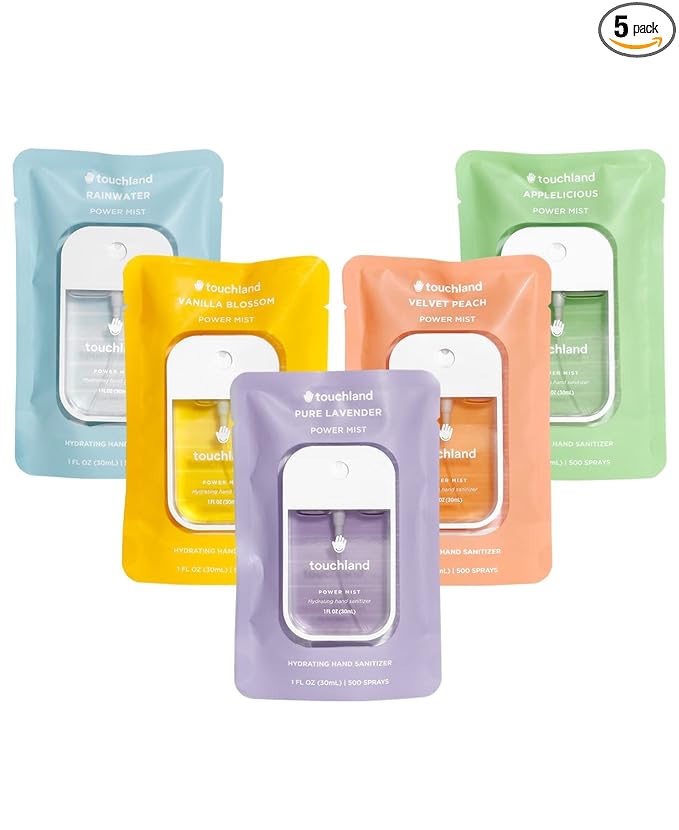 Touchland Hydrating Hand Sanitizer Spray – Blossom 5 Set (Pure Lavender, Vanilla Blossom, Rainwater, Velvet Peach, Applelicious) – 5 x 1 FL OZ Travel Size Mists