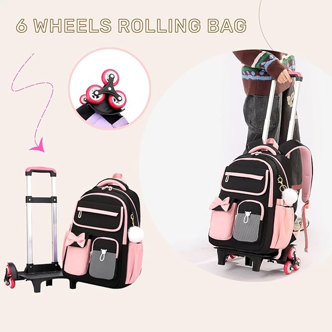 Rolling Backpack for Girls Kids Trolley Rolling School Bag Wheeled Backpack for Elementary School Roller Bookbags on 6 Wheels, Black Pink