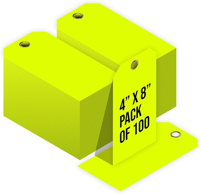Tags 4 Less 15 Mil Waterproof Plastic Tags, Pack of 100 – 4” x 8” Heavy Duty Plastic Tags for Labeling, Outdoor Tagging, Equipment Labeling, Luggage, Valves & More (Fluorescent Yellow)