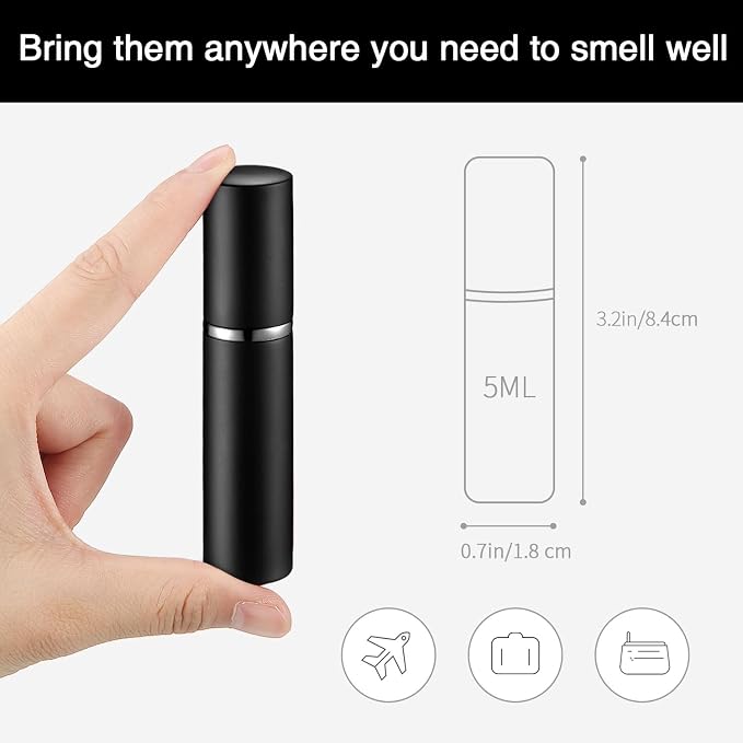 Motiskyy 70 Pcs 5 ml Refillable Perfume Atomizers Bulk - Mini Travel Cologne Sprayers with Refill Pump & Transfer Tool for Perfume Makers & Small Studios(Black)
