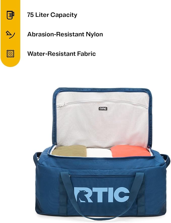 RTIC Road Trip Duffle Bag for Men and Women, Traveling Tote for Camp, Travel, Gym, Weekender, Camping, Overnight, Carry On, Sports, Spacious, Water Resistant, Large, Navy & Denim