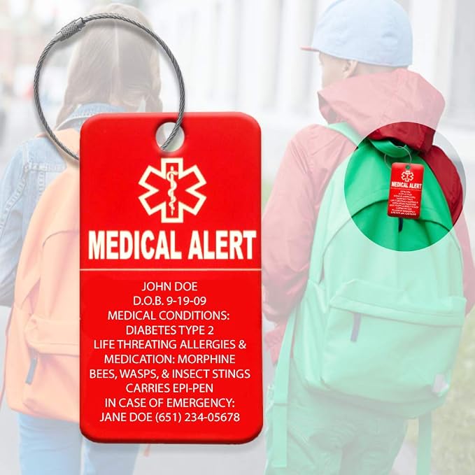 Universal Medical Data Medical Luggage Tags – Custom Engraved Waterproof & Durable – Acrylic Personalized ID for CPAP Bag, Suitcases, Backpacks & Strollers – Medic Bag Tag for Air Travel – Pack of 4