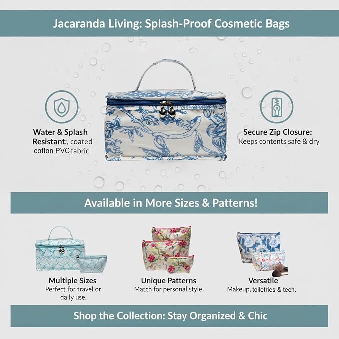 Jacaranda Living Vanity Cosmetic Bag – Structured Makeup Case with Handle, Water-Resistant PVC Lined Cotton, Travel Toiletry Organizer, Splash-proof Summer Bag – Pineapple Garden
