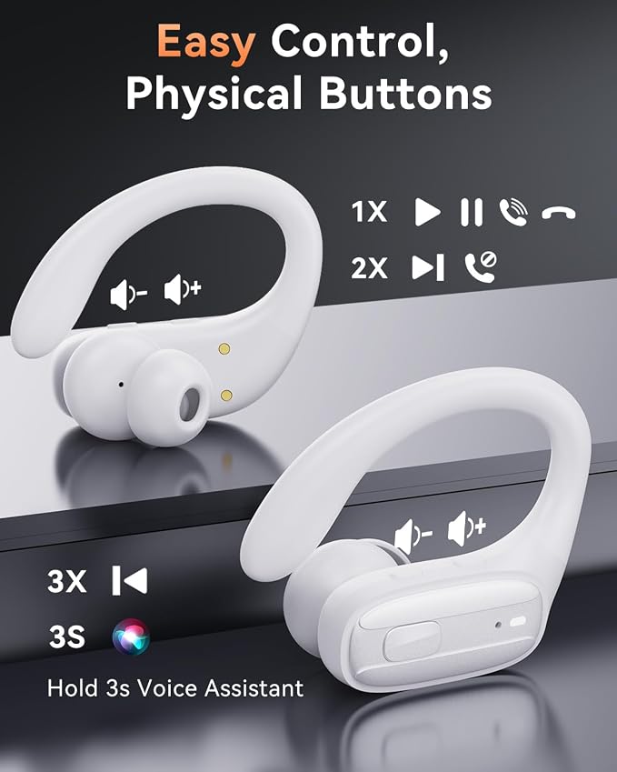 LEEMC Wireless Earbuds, Bluetooth Headphones 5.4, 80Hr Playtime Ear Buds with Hooks for Sports, Noise Canceling, LED Display, IPX7 Waterproof Earphones for Workout Running, Purewhite